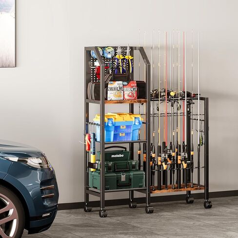 حاملات قضبان الصيد للمرآب، لوحة Pegboard مريحة مع 14 خطافًا طويلًا للأدوات المساعدة، رف صنارة الصيد يصل إلى 16 قضيبًا، حامل عمود السمك 3 طبقات مع حاملات بكرات الصيد و8 خطافات لإكسسوارات معدات الصيد in Kuwait