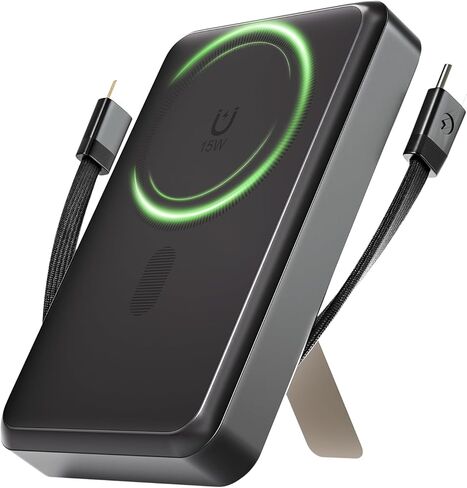بنك طاقة مغناطيسي بقدرة 10000 مللي أمبير في الساعة، شاحن محمول 4 في 1 مع كابل USB-C/Lightning مدمج قابل للطي، حزمة بطارية شحن لاسلكي سريع بقدرة 15 وات لأجهزة Samsung وAndroid وiPhone ومستلزمات السفر in Kuwait
