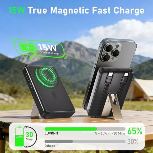 بنك طاقة مغناطيسي بقدرة 10000 مللي أمبير في الساعة، شاحن محمول 4 في 1 مع كابل USB-C/Lightning مدمج قابل للطي، حزمة بطارية شحن لاسلكي سريع بقدرة 15 وات لأجهزة Samsung وAndroid وiPhone ومستلزمات السفر in Kuwait