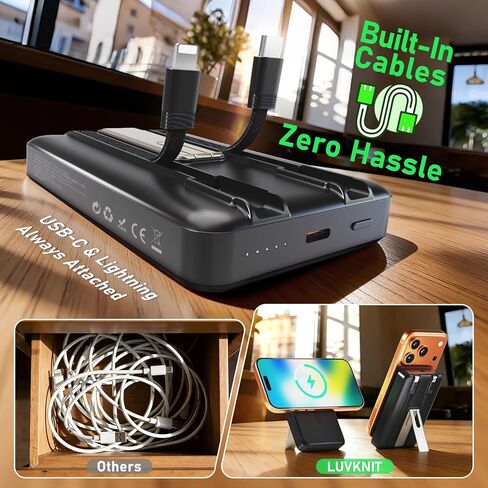 بنك طاقة مغناطيسي بقدرة 10000 مللي أمبير في الساعة، شاحن محمول 4 في 1 مع كابل USB-C/Lightning مدمج قابل للطي، حزمة بطارية شحن لاسلكي سريع بقدرة 15 وات لأجهزة Samsung وAndroid وiPhone ومستلزمات السفر in Kuwait
