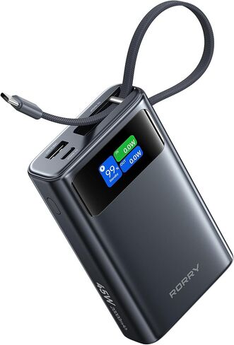 شاحن محمول RORRY 45 وات، بنك طاقة 20000 مللي أمبير في الساعة شحن سريع مع كابل USB C مدمج ممتد، حزمة بطارية للسفر لهاتف iPhone 17/16/15، Samsung Galaxy، Google، iPad، MacBook، رمادي داكن in Kuwait