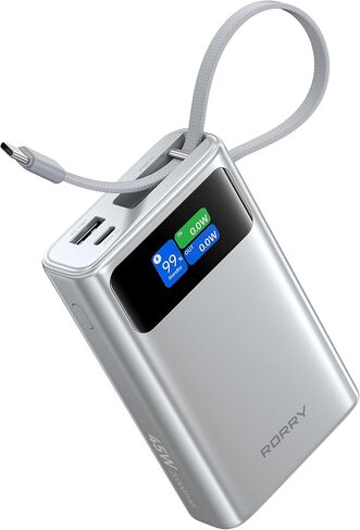 شاحن محمول RORRY 45 وات، بنك طاقة 20000 مللي أمبير في الساعة شحن سريع مع كابل USB C مدمج ممتد، حزمة بطارية للسفر لهاتف iPhone 17/16/15، Samsung Galaxy، Google، iPad، MacBook، رمادي داكن in Kuwait