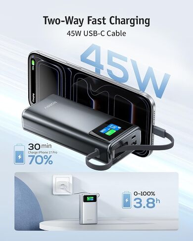شاحن محمول RORRY 45 وات، بنك طاقة 20000 مللي أمبير في الساعة شحن سريع مع كابل USB C مدمج ممتد، حزمة بطارية للسفر لهاتف iPhone 17/16/15، Samsung Galaxy، Google، iPad، MacBook، رمادي داكن in Kuwait