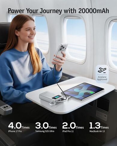شاحن محمول RORRY 45 وات، بنك طاقة 20000 مللي أمبير في الساعة شحن سريع مع كابل USB C مدمج ممتد، حزمة بطارية للسفر لهاتف iPhone 17/16/15، Samsung Galaxy، Google، iPad، MacBook، رمادي داكن in Kuwait