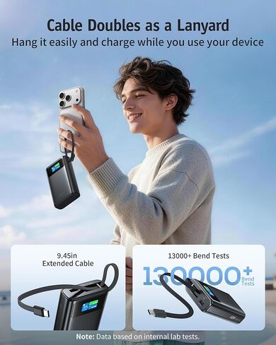 شاحن محمول RORRY 45 وات، بنك طاقة 20000 مللي أمبير في الساعة شحن سريع مع كابل USB C مدمج ممتد، حزمة بطارية للسفر لهاتف iPhone 17/16/15، Samsung Galaxy، Google، iPad، MacBook، رمادي داكن in Kuwait