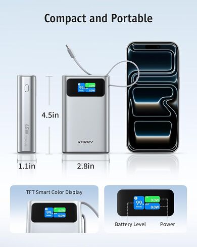 شاحن محمول RORRY 45 وات، بنك طاقة 20000 مللي أمبير في الساعة شحن سريع مع كابل USB C مدمج ممتد، حزمة بطارية للسفر لهاتف iPhone 17/16/15، Samsung Galaxy، Google، iPad، MacBook، رمادي داكن in Kuwait