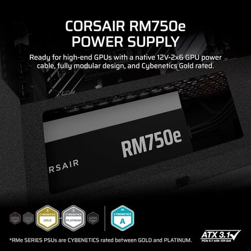 Corsair RM750e (2025) Fully Modular Low-Noise ATX Power Supply with 12V-2x6 Cable – ATX 3.1 & PCIe 5.1 Compliant, Cybenetics Gold Efficiency, 105°C-Rated Capacitors – Black (Renewed) in Saudi Arabia