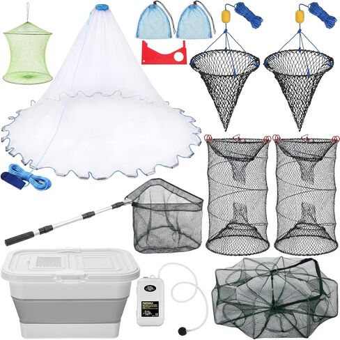 13 Pcs Fishing & Crabbing Kit Includes 7.8ft Diameter Cast Net with Lead Weights, 31.5" Collapsible Octagonal Crab Trap, Extendable Landing Net, 13 L Foldable Bucket & Aeration Pump in Saudi Arabia
