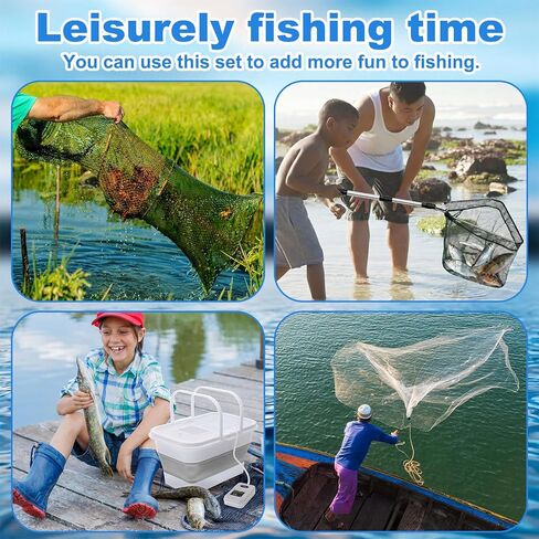 13 Pcs Fishing & Crabbing Kit Includes 7.8ft Diameter Cast Net with Lead Weights, 31.5" Collapsible Octagonal Crab Trap, Extendable Landing Net, 13 L Foldable Bucket & Aeration Pump in Saudi Arabia