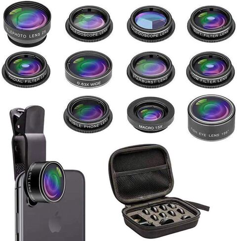 Phone Camera Lens Kit, 11 in 1 Cellphone Lens Kit for iPhone and Android, 0.63X Wide Angle+15X Macro+ 198°Fisheye+Telephoto+CPL/Flow/Radial/Star/Soft Filter+Kaleidoscope Lens in Saudi Arabia