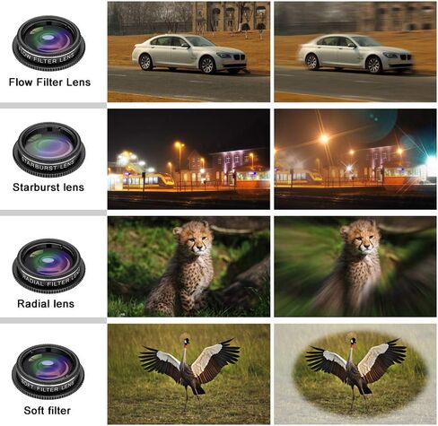 Phone Camera Lens Kit, 11 in 1 Cellphone Lens Kit for iPhone and Android, 0.63X Wide Angle+15X Macro+ 198°Fisheye+Telephoto+CPL/Flow/Radial/Star/Soft Filter+Kaleidoscope Lens in Saudi Arabia