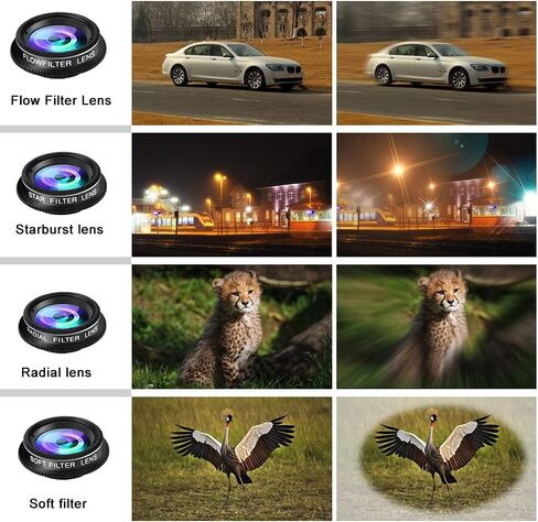 Phone Camera Lens Kit, 11 in 1 Cellphone Lens Kit for iPhone and Android, 0.63X Wide Angle+15X Macro+ 198°Fisheye+Telephoto+CPL/Flow/Radial/Star/Soft Filter+Kaleidoscope Lens in Saudi Arabia