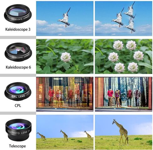 Phone Camera Lens Kit, 11 in 1 Cellphone Lens Kit for iPhone and Android, 0.63X Wide Angle+15X Macro+ 198°Fisheye+Telephoto+CPL/Flow/Radial/Star/Soft Filter+Kaleidoscope Lens in Saudi Arabia
