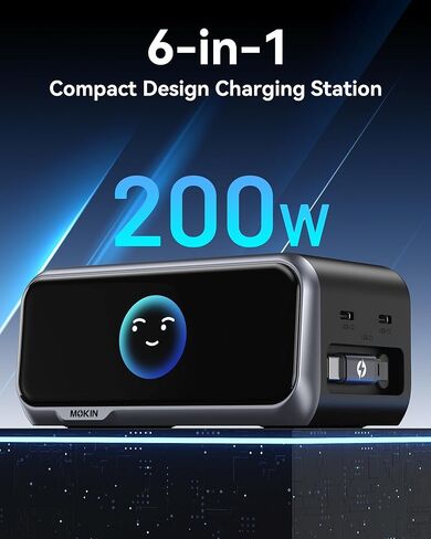 MOKiN 200W Charging Station, 6-Port GaN Desktop Charging Station with Smart Display and Retractable Cable, USB C Charger Station for iPhone, Galaxy, MacBook, Dell and Desk Accessorie in Saudi Arabia
