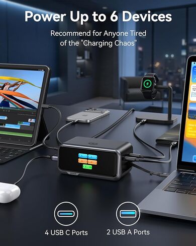 MOKiN 200W Charging Station, 6-Port GaN Desktop Charging Station with Smart Display and Retractable Cable, USB C Charger Station for iPhone, Galaxy, MacBook, Dell and Desk Accessorie in Saudi Arabia