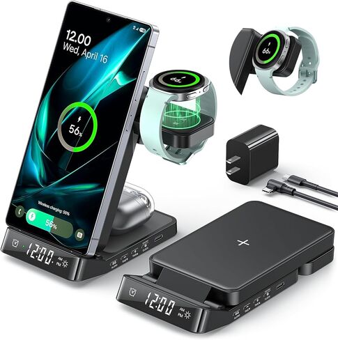 محطة شحن لاسلكية لساعة المنبه لأجهزة سامسونج، شاحن لاسلكي 3 في 1 قابل للطي لهاتف Galaxy S26 Ultra S25/Z Fold 7/6/Z Flip، حامل شاحن ساعة Galaxy لهاتف Galaxy Ultra/8/7، Buds in Kuwait