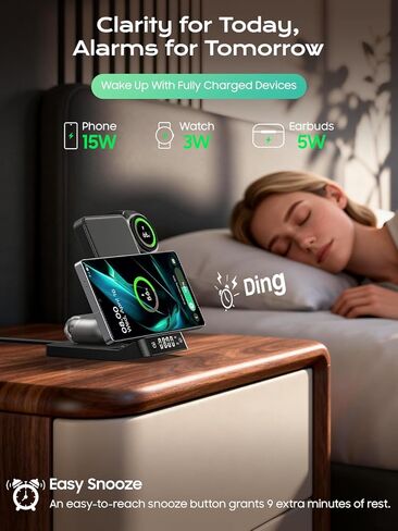 محطة شحن لاسلكية لساعة المنبه لأجهزة سامسونج، شاحن لاسلكي 3 في 1 قابل للطي لهاتف Galaxy S26 Ultra S25/Z Fold 7/6/Z Flip، حامل شاحن ساعة Galaxy لهاتف Galaxy Ultra/8/7، Buds in Kuwait