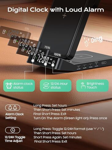 محطة شحن لاسلكية لساعة المنبه لأجهزة سامسونج، شاحن لاسلكي 3 في 1 قابل للطي لهاتف Galaxy S26 Ultra S25/Z Fold 7/6/Z Flip، حامل شاحن ساعة Galaxy لهاتف Galaxy Ultra/8/7، Buds in Kuwait