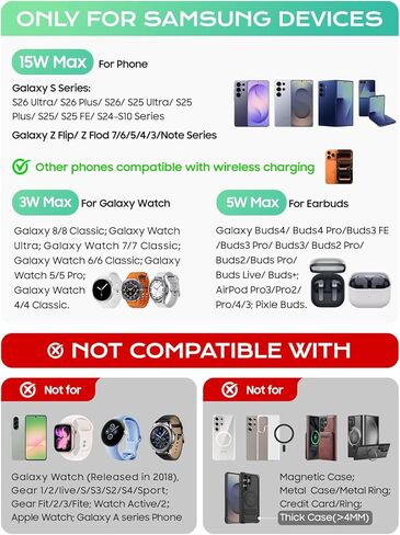 محطة شحن لاسلكية لساعة المنبه لأجهزة سامسونج، شاحن لاسلكي 3 في 1 قابل للطي لهاتف Galaxy S26 Ultra S25/Z Fold 7/6/Z Flip، حامل شاحن ساعة Galaxy لهاتف Galaxy Ultra/8/7، Buds in Kuwait