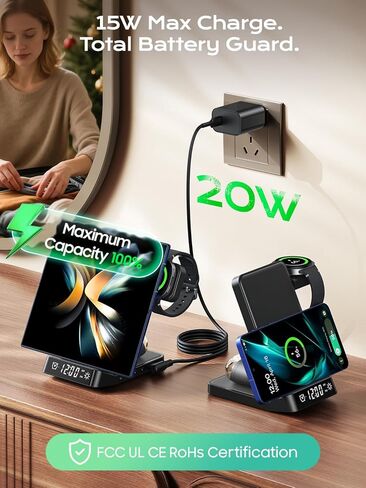 محطة شحن لاسلكية لساعة المنبه لأجهزة سامسونج، شاحن لاسلكي 3 في 1 قابل للطي لهاتف Galaxy S26 Ultra S25/Z Fold 7/6/Z Flip، حامل شاحن ساعة Galaxy لهاتف Galaxy Ultra/8/7، Buds in Kuwait