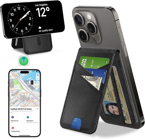 TopMade لمحفظة Magsafe، تعمل مع Apple Find My، حامل بطاقات 6 مع حامل قابل للتعديل، متتبع Finder، محفظة مغناطيسية لسلسلة iPhone 17/16/15/14/13/12، وليس لهاتف iPhone SE/Mini، نحيف، أسود in Kuwait