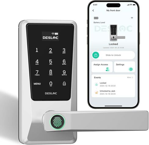 DESLOC قفل ذكي D120L مع مقبض، قفل لوحة مفاتيح WiFi مدمج للباب الداخلي، دخول بدون مفتاح 0.5S مع مقبض بصمة الإصبع، التحكم في التطبيق عن بعد، إضاءة خلفية، قفل باب إلكتروني للمكتب المنزلي، الإيجار in Kuwait