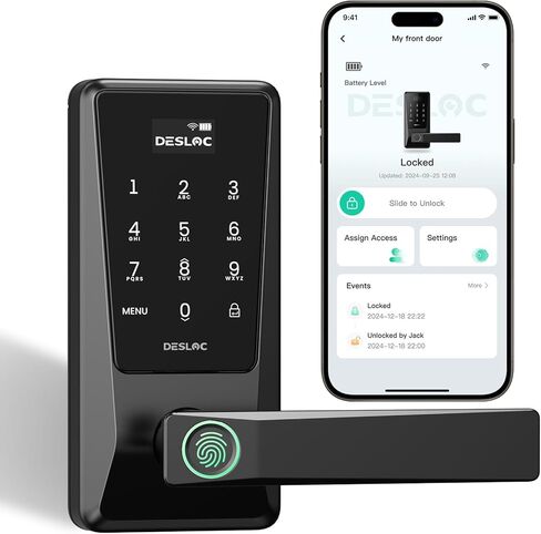 DESLOC Smart Lock D120L with Handle, Built-in WiFi Keypad Lock for Interior Door, 0.5S Keyless Entry with Fingerprint Handle, Remote App Control, Backlit, Electronic Door Lock for Home Office, Rental in Kuwait