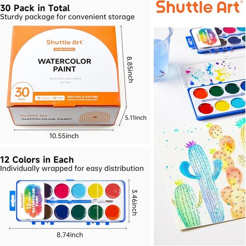 Shuttle Art 12 Colors Watercolor Paint Set Bulk, Pack of 30, Watercolor Paint Set with Paint Brushes for Kids and Adults, Washable Paint for Classroom, Parties, Kindergarten and Art Activities in Saudi Arabia