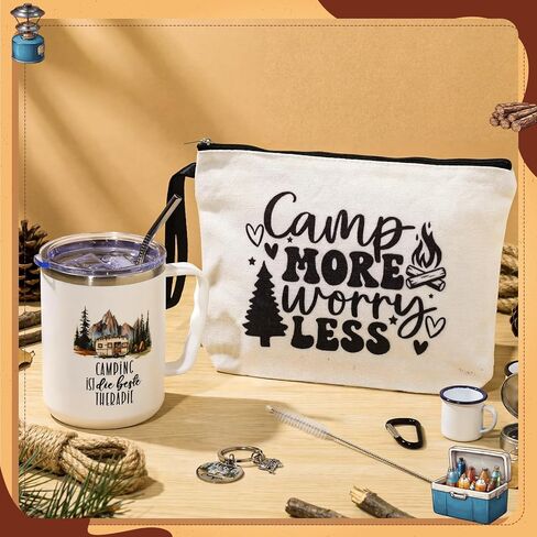 Patelai 3 Pcs Camping Gifts for Women Men 17oz Insulated Mug with Handle Makeup Bag Keychain for Camper Camping Lovers Rv Owners Hiking Travel Accessories in Saudi Arabia