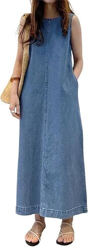 Retro Denim Jumper Dress for Women Sleeveless Crewneck Maxi Long Jean Vest Shift Dress with Pockets in Saudi Arabia
