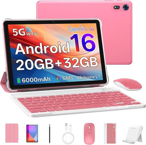 2026 Tablet 10 inch Android 16 Tablet with Keyboard, 20GB RAM 1TB Expandable Storage, 1280x800 HD Screen, Dual Camera, 6000mAh Battery, WiFi 6, BT 5.4, 2 in 1 Tablets with Keyboard Mouse Stylus (Pink) in Saudi Arabia