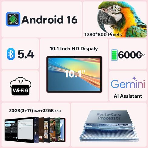 2026 Tablet 10 inch Android 16 Tablet with Keyboard, 20GB RAM 1TB Expandable Storage, 1280x800 HD Screen, Dual Camera, 6000mAh Battery, WiFi 6, BT 5.4, 2 in 1 Tablets with Keyboard Mouse Stylus (Pink) in Saudi Arabia