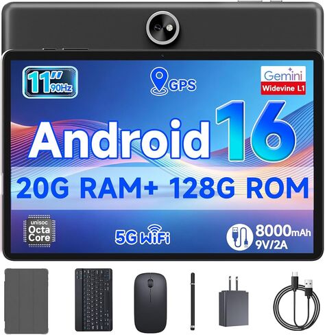 PEICHENG Tablet 11 بوصة Android 16 مع معالج ثماني النواة، ذاكرة الوصول العشوائي 20 جيجابايت 128 جيجابايت ROM، عمر بطارية 8000 مللي أمبير طوال اليوم، شاشة لمس 1280X800 HD IPS، كاميرات مزدوجة 5 ميجابكسل + 13 ميجابكسل، أسود (P13Max+4Acce 2026) in Kuwait