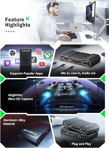 Lemorele 4K HDMI Game Capture Card - 4K@60Hz HDMI Loop Out, USB-C Video Capture Device, Aluminum Alloy, Audio I/O, Low Latency for Streaming & Recording on PS5/Xbox/Switch/PC/Mac/Linux/Android in Saudi Arabia