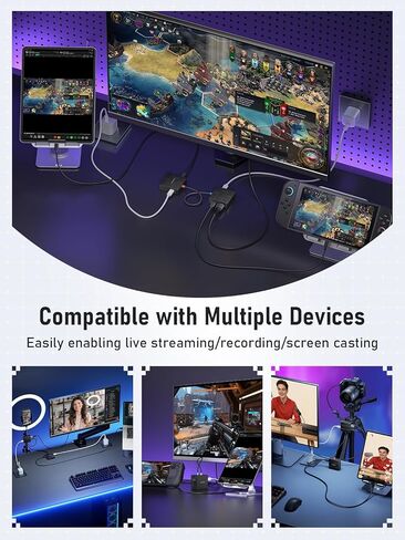Lemorele USB-C Video Capture Card 1080P 60Hz, Dual 100W PD Charging, HDMI Loop-Out, Low Latency for Streaming Gaming, Compatible with Nintendo Switch, Steam Deck, Phones, Tablets, PC, Mac, OBS in Saudi Arabia