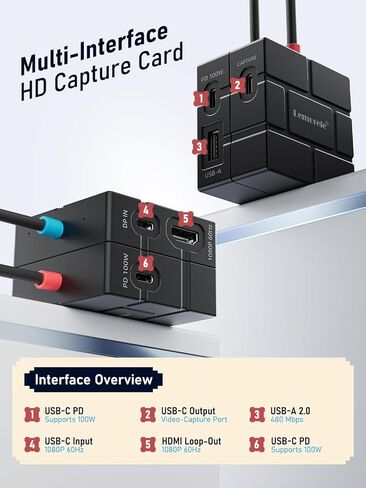 Lemorele USB-C Video Capture Card 1080P 60Hz, Dual 100W PD Charging, HDMI Loop-Out, Low Latency for Streaming Gaming, Compatible with Nintendo Switch, Steam Deck, Phones, Tablets, PC, Mac, OBS in Saudi Arabia