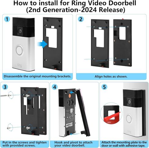 No-Drill Ring Doorbell Mount for Ring Battery Doorbell (2nd-2024 Release)/Plus/Pro, Rng Video Doorbell(2nd-2020 Release)/1/2/3/3 Plus/4, Doorbell Mount Plate with 2* Adhesive Tapes for Apartments in Saudi Arabia