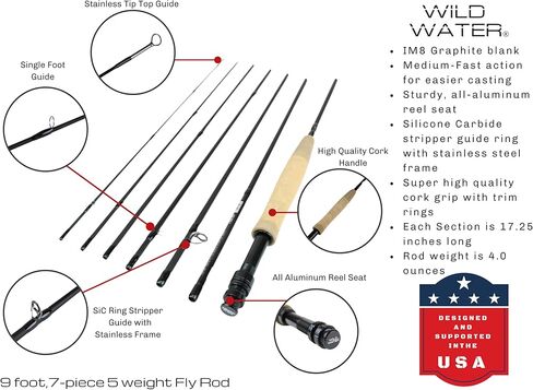 Wild Water Fly Fishing Combo Starter Kit with CNC Machined Fly Reel, 9 Foot, 7-Piece, 5-Weight Graphite Fly Rod with Cork Handle, Accessories, Carrying Case, Fly Box Case & Fishing Flies in Saudi Arabia