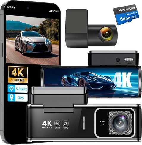 4K Dash Cam Front and Rear,Dual Dash Camera for Cars with 5.8GHz WiFi GPS,Night Vision,Mini Dash Cam with 3.59" IPS Screen,24H Parking Mode,G-Sensor,Loop Recording,64GB SD Card Included in Saudi Arabia