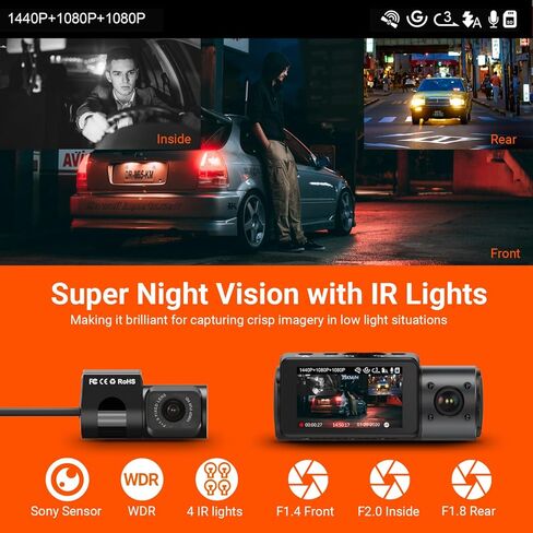 VANTRUE N4 3 Channel Dash Cam, 4K+1080P Dual Channel, 1440P+1440P+1080P Front Inside Rear Three Way Triple Car Dash Camera, IR Night Vision, Capacitor, 24 Hours Parking Mode (Renewed) in Saudi Arabia