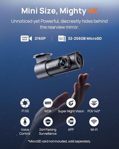 70mai M310 Plus 4K Dash Cam Front with Night Vision, 140° Wide Angle Dash Camera for Cars, WiFi Dashcam with App, Parking Mode, G-Sensor, Loop Recording, Voice Control, Easy Install Car Camera in Saudi Arabia