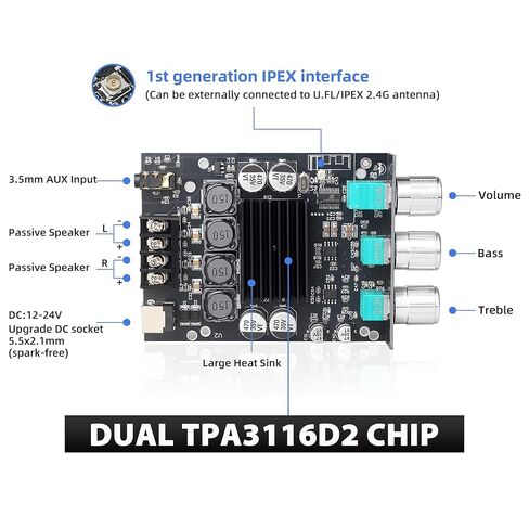 لوحة مضخم صوت بلوتوث DAJUNGUO ZK-1002T 100W+100W مع هوائي IPEX-1، مدخل تيار مستمر 9-24 فولت، ستيريو 2.0، اسم بلوتوث قابل للتخصيص، شريحة TPA3116 in Kuwait