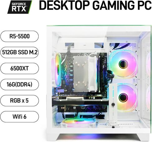 كمبيوتر مكتبي للألعاب LXZ - Ryzen 5 5500، Radeon RX 6500XT 4GB، 16GB DDR4 RAM، 512GB NVME SSD، كمبيوتر برجي مُصمم مسبقًا للمنزل والمكتب للاستخدام اليومي (أبيض) in Kuwait