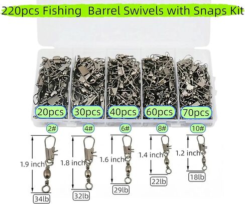 Fishing Barrel Swivels with Snap Set: 220pcs Large Small Snap Swivels Assortment for Saltwater Freshwater Connector Fishing Tackle - Size #2#4#6#8#10 in Saudi Arabia