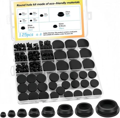 125PCS Black Rubber Plugs for Round Holes, 8 Sizes Silicone Plugs for Round Holes 1" 3/4" 5/8" 1/2" 3/8" 5/16" 1/4" 1/5", Rubber Stoppers Plugs Assorted for Furniture, Offices, Kitchens, Automotive in Saudi Arabia