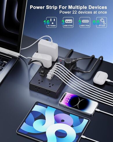 Surge Protector Power Strip with 16 AC Outlets 6 USB Ports(3 Type C), Thin Flat Plug 6.5 FT Extension Cord with Multiple Outlets, Outlet Extender with Surge Protection for Home, Office, Dorm in Saudi Arabia