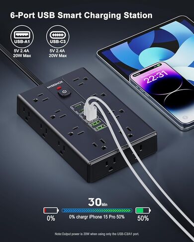 Surge Protector Power Strip with 16 AC Outlets 6 USB Ports(3 Type C), Thin Flat Plug 6.5 FT Extension Cord with Multiple Outlets, Outlet Extender with Surge Protection for Home, Office, Dorm in Saudi Arabia
