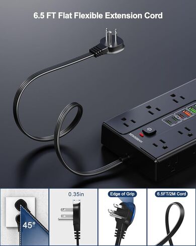 Surge Protector Power Strip with 16 AC Outlets 6 USB Ports(3 Type C), Thin Flat Plug 6.5 FT Extension Cord with Multiple Outlets, Outlet Extender with Surge Protection for Home, Office, Dorm in Saudi Arabia