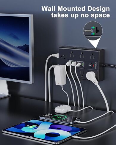 Surge Protector Power Strip with 16 AC Outlets 6 USB Ports(3 Type C), Thin Flat Plug 6.5 FT Extension Cord with Multiple Outlets, Outlet Extender with Surge Protection for Home, Office, Dorm in Saudi Arabia