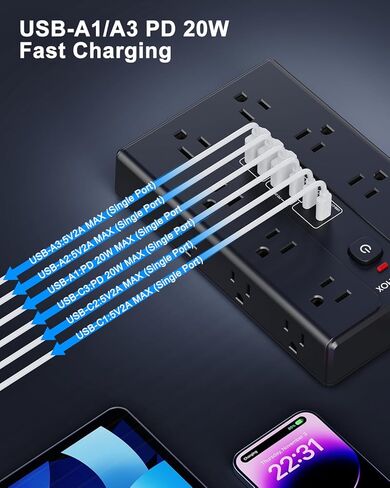 Surge Protector Power Strip with 16 AC Outlets 6 USB Ports(3 Type C), Thin Flat Plug 6.5 FT Extension Cord with Multiple Outlets, Outlet Extender with Surge Protection for Home, Office, Dorm in Saudi Arabia
